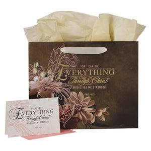 Through Christ Philippians 4:13 Brown & Pink Large Landscape Gift Bag with Card