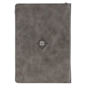 All Things Through Christ Philippians 4:13 Gray Faux Leather Zippered Journal