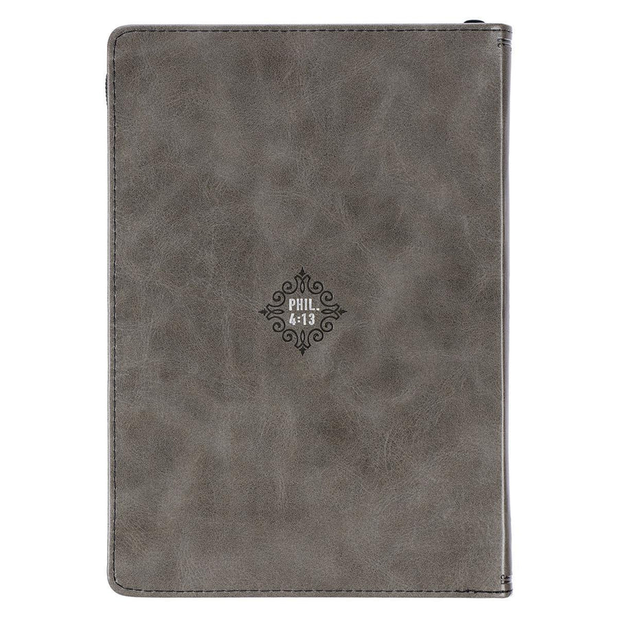 All Things Through Christ Philippians 4:13 Gray Faux Leather Zippered Journal