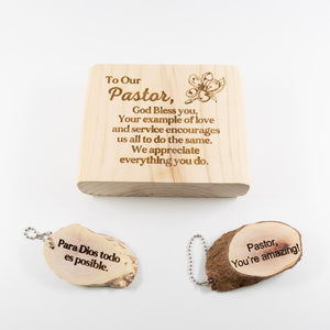 Pastor Appreciation Personalized Wood Keychain and Wood Block Bundle