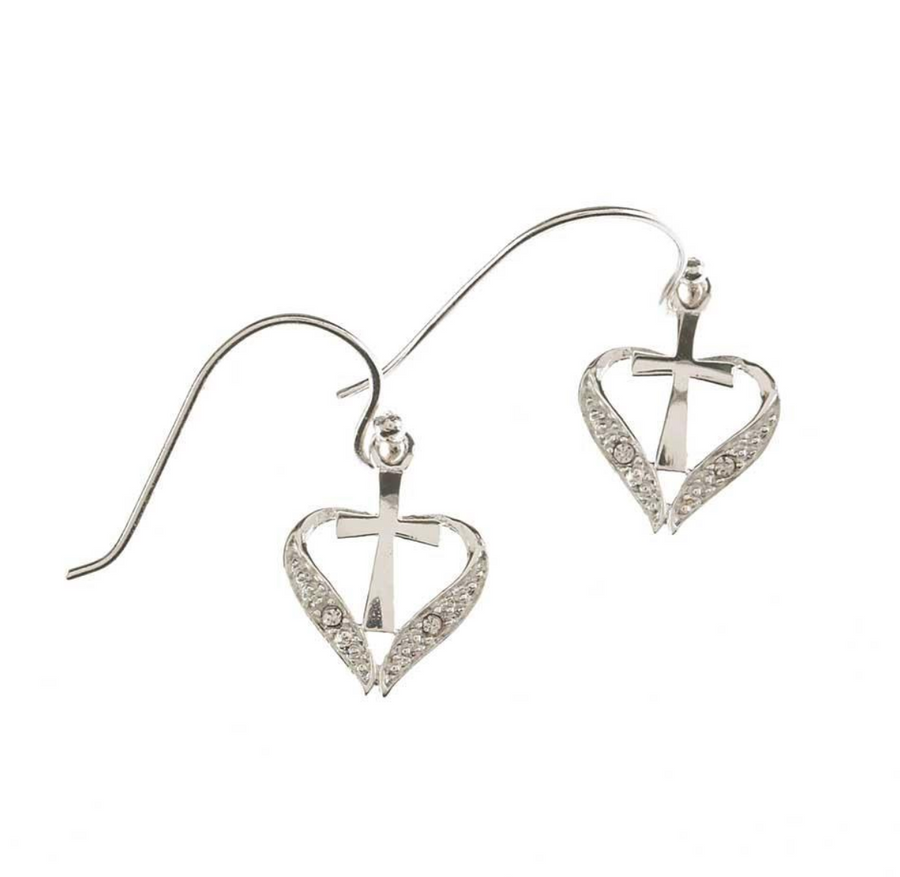 Sterling Silver Open Heart Cross Earrings