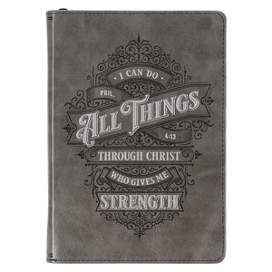 All Things Through Christ Philippians 4:13 Gray Faux Leather Zippered Journal