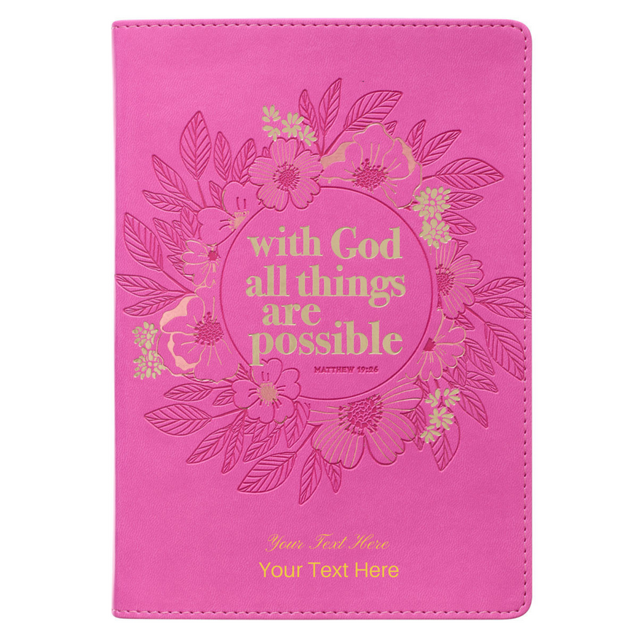 Personalized Journal With God Pink Wreath Faux Leather Matthew 19:26