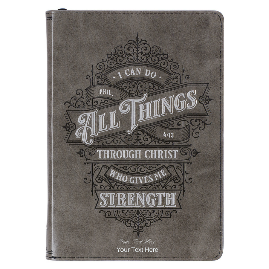 Personalized Journal All things through Christ Gray Faux Leather with Zipper Closure Philippians 4:13