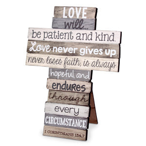 Love 9" Stacked Wood 1 Corinthians 13:4-7 Tabletop Cross