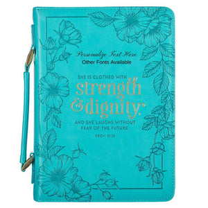 Proverbs 31:25 Faux Leather Teal Personalized Bible Cover For Women