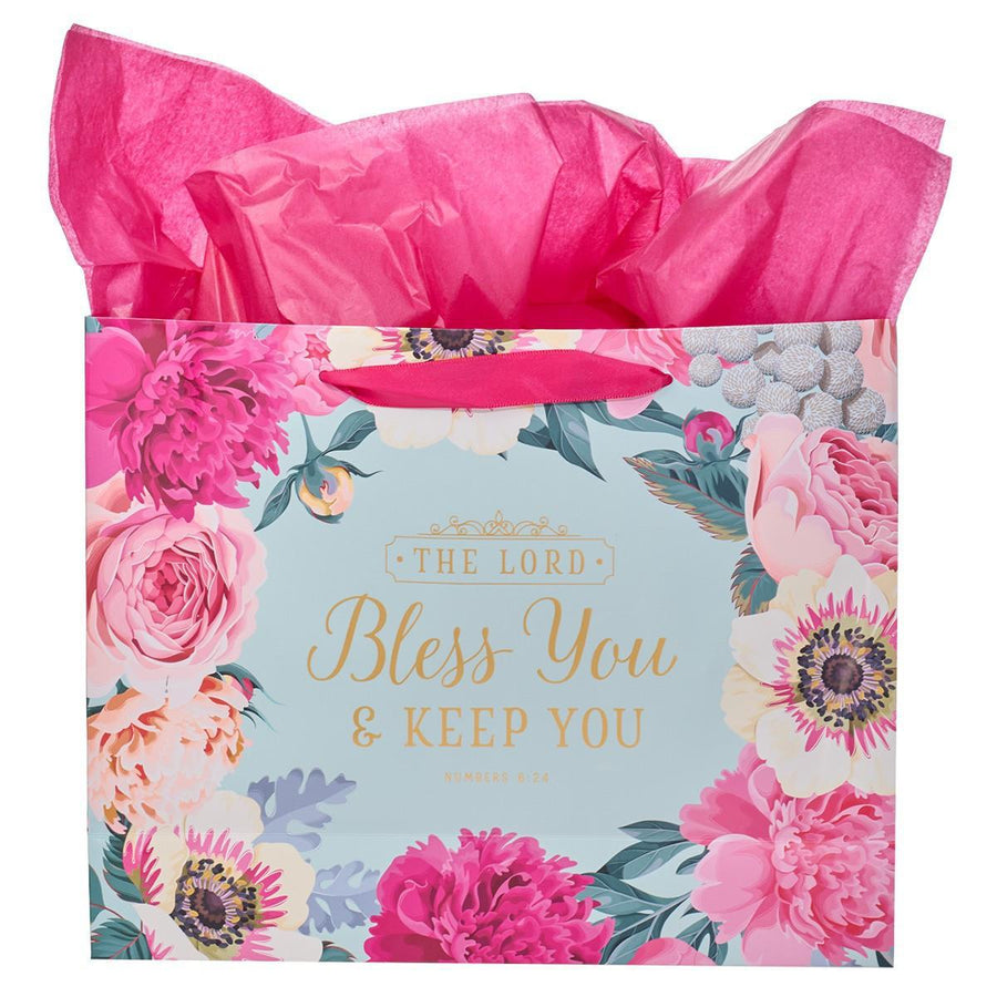 Bless You & Keep You Numbers 6:24 Pink Floral Landscape Gift Bag with Card