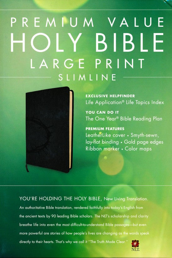 Personalized Custom Text Your Name NLT Premium Value Slimline Bible Large Print Imitation Leather Crown of Thorns Black New Living Translation