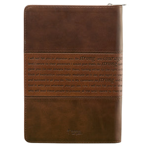 Personalized Custom Text Strong and Courageous Zippered Journal LuxLeather Joshua 1:5-7 Brown