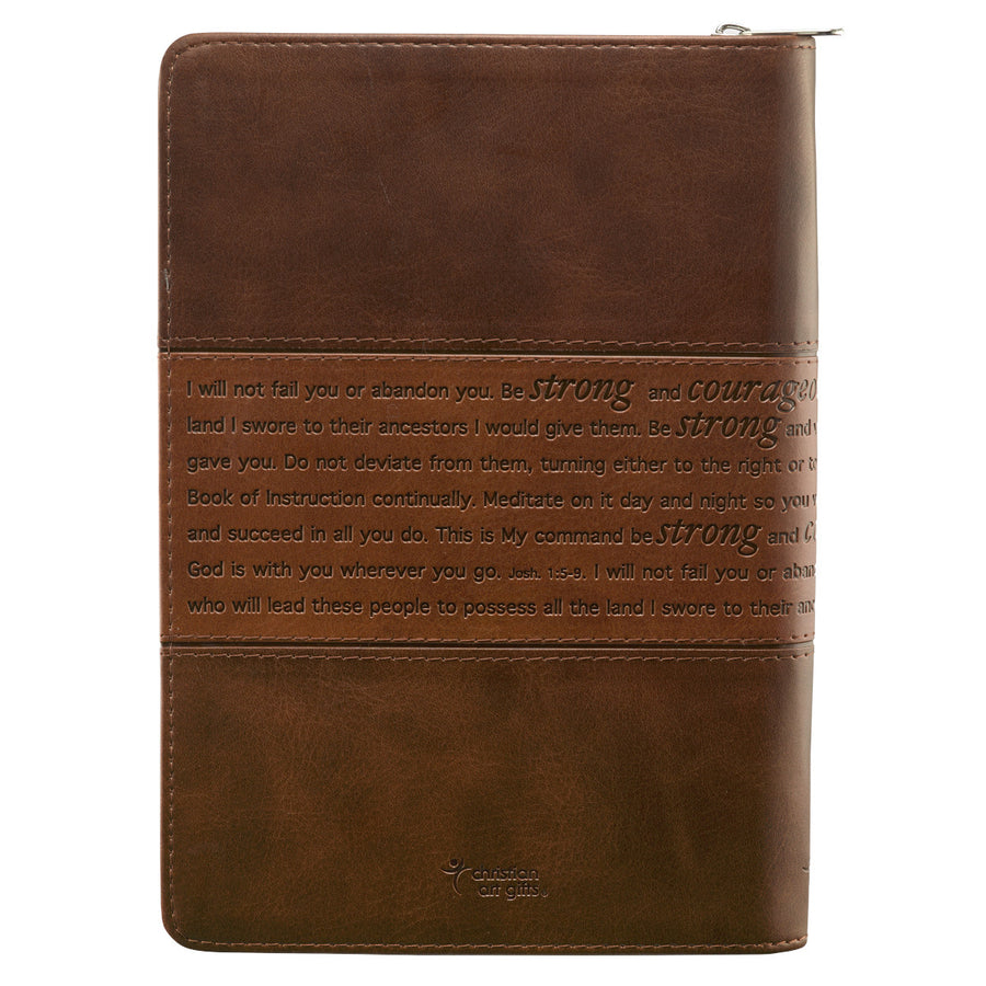 Personalized Custom Text Strong and Courageous Zippered Journal LuxLeather Joshua 1:5-7 Brown