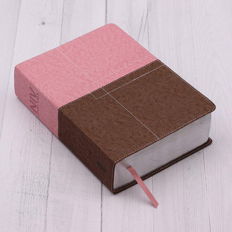 Personalized NIV Study Bible Pink/Brown Leathersoft Red Letter Thumb Indexed