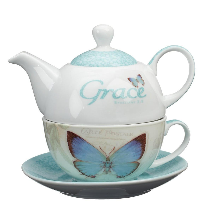 Grace Blue Butterfly Blessings Ephesians 2:8 Tea Set for One