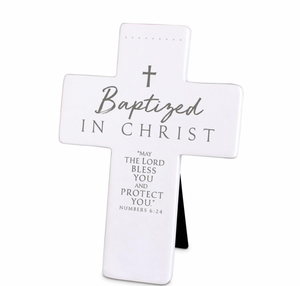 Baptized in Christ White Resin Numbers 6:24 Tabletop Cross