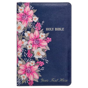 Personalized Custom Text Your Name KJV Deluxe Gift Bible Floral Blue Faux Leather with Thumb Index and Zippered Closure King James Version
