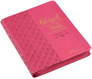 Personalized 2022 Blessed Is The One Who Trusts Large Zippered Pink Faux Leather 18-month Planner for Women - Jeremiah 17:7