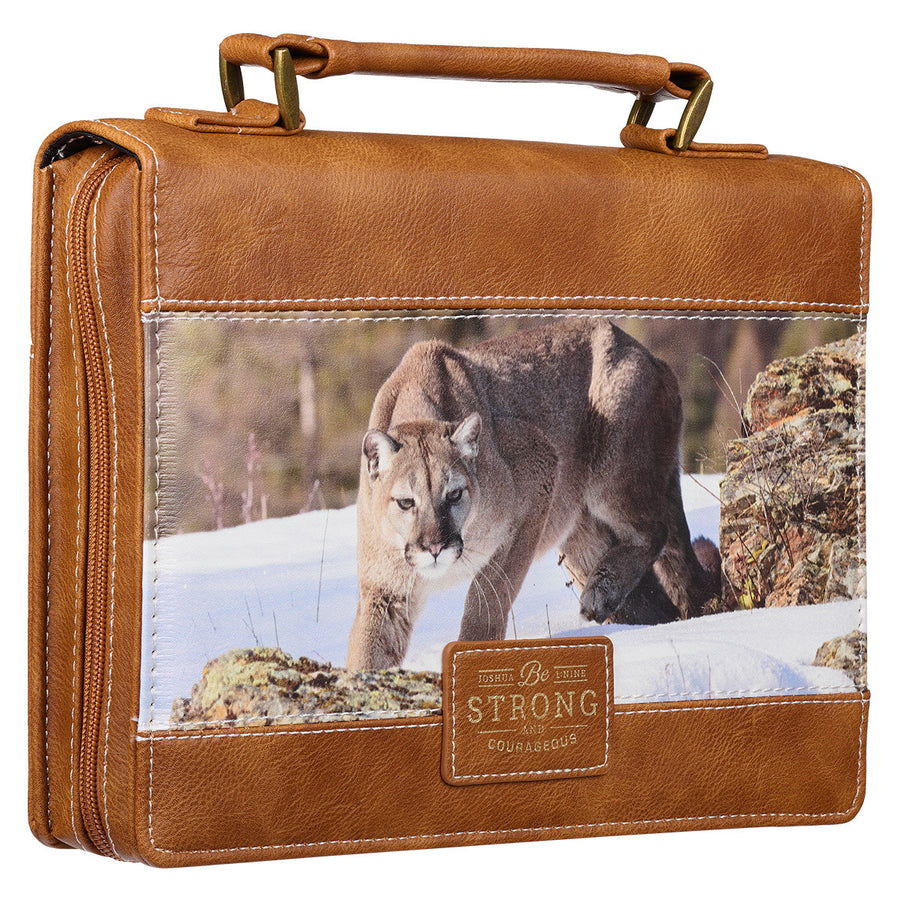 Be Strong and Courageous Mountain Lion Tan Joshua 1:9 Faux Leather Personalized Bible Cover For Men
