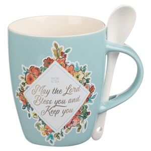 Bless You & Keep You Numbers 6:24 Teal Ceramic Coffee Mug with Spoon