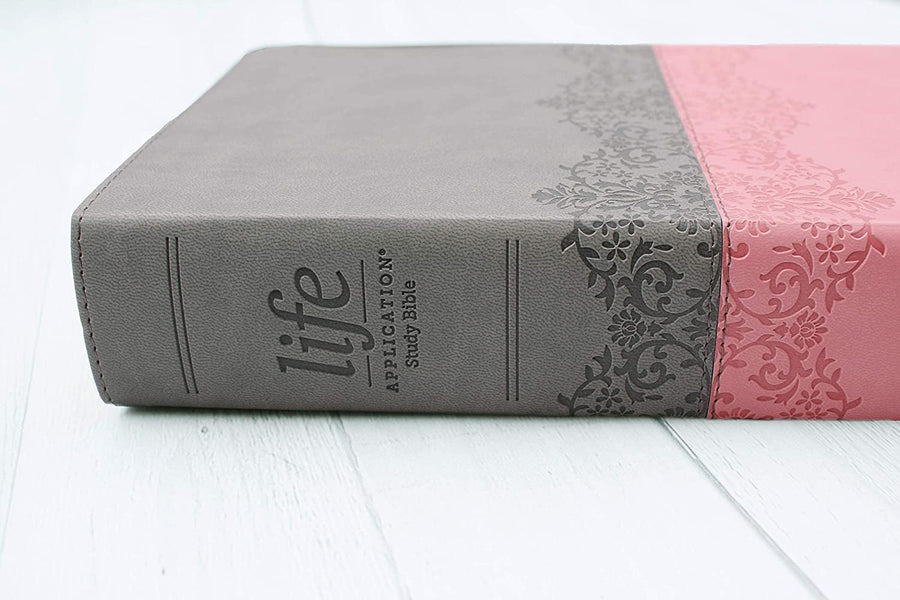 Personalized Custom Text Your Name NIV Life Application Study Bible Third Edition Red Letter Edition Leathersoft Gray/Pink