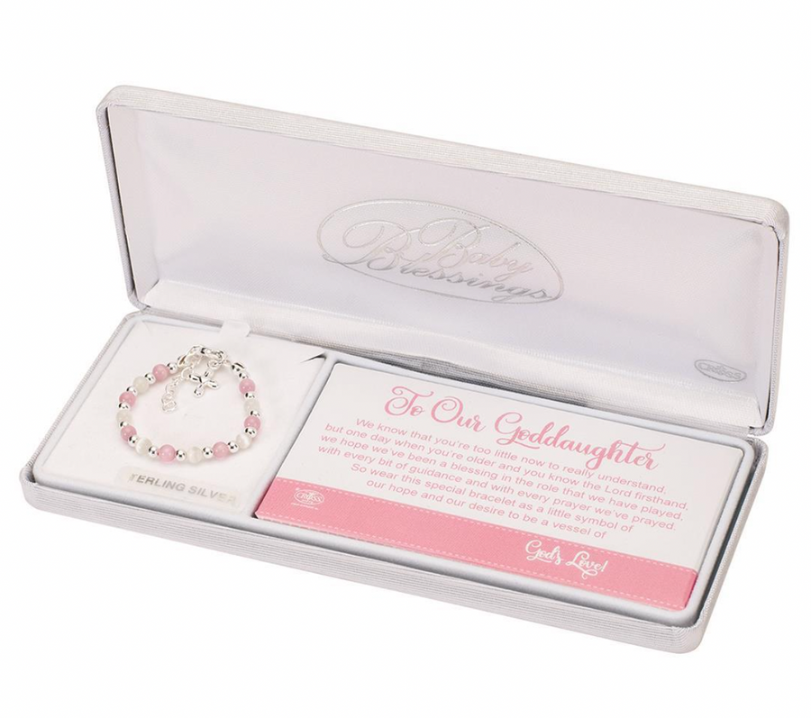 To Our Goddaughter Pink & White Sterling Silver Cross Bracelet