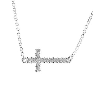 Dicksons Horizontal Cross with Faux Crystals Silver-Plated 18-Inch Pendant Necklace
