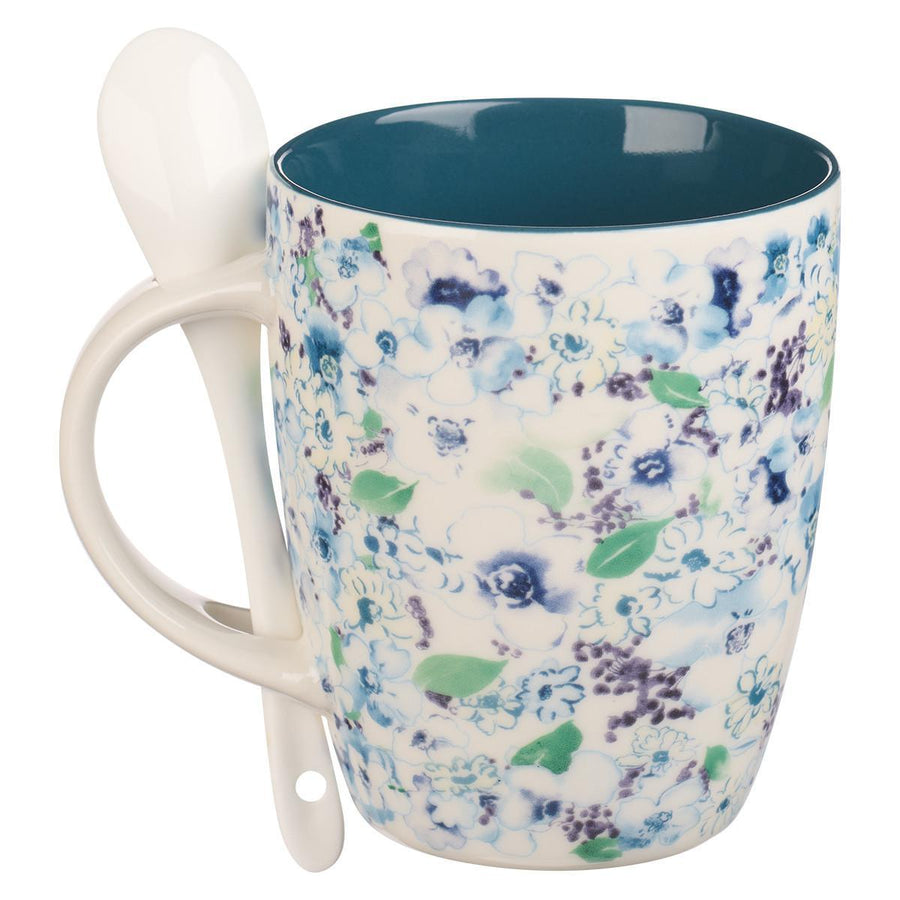 Saved by Grace Ephesians 2:8 Blue Floral Ceramic Coffee Mug with Spoon