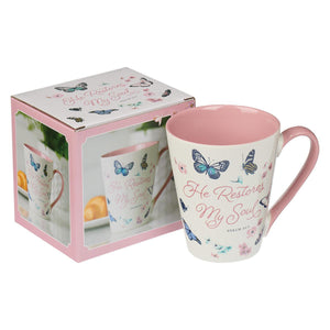 He Restores My Soul Psalm 23:3 Butterfly Ceramic Coffee Mug