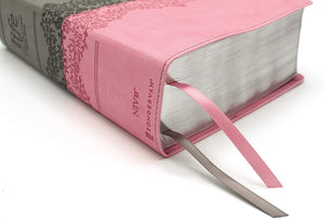 Personalized NIV Life Application Study Bible Third Edition Large Print Leathersoft Gray/Pink