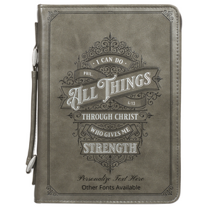 Gray All Things Filigree Philippians 4:13 Faux Leather Personalized Bible Cover For Men