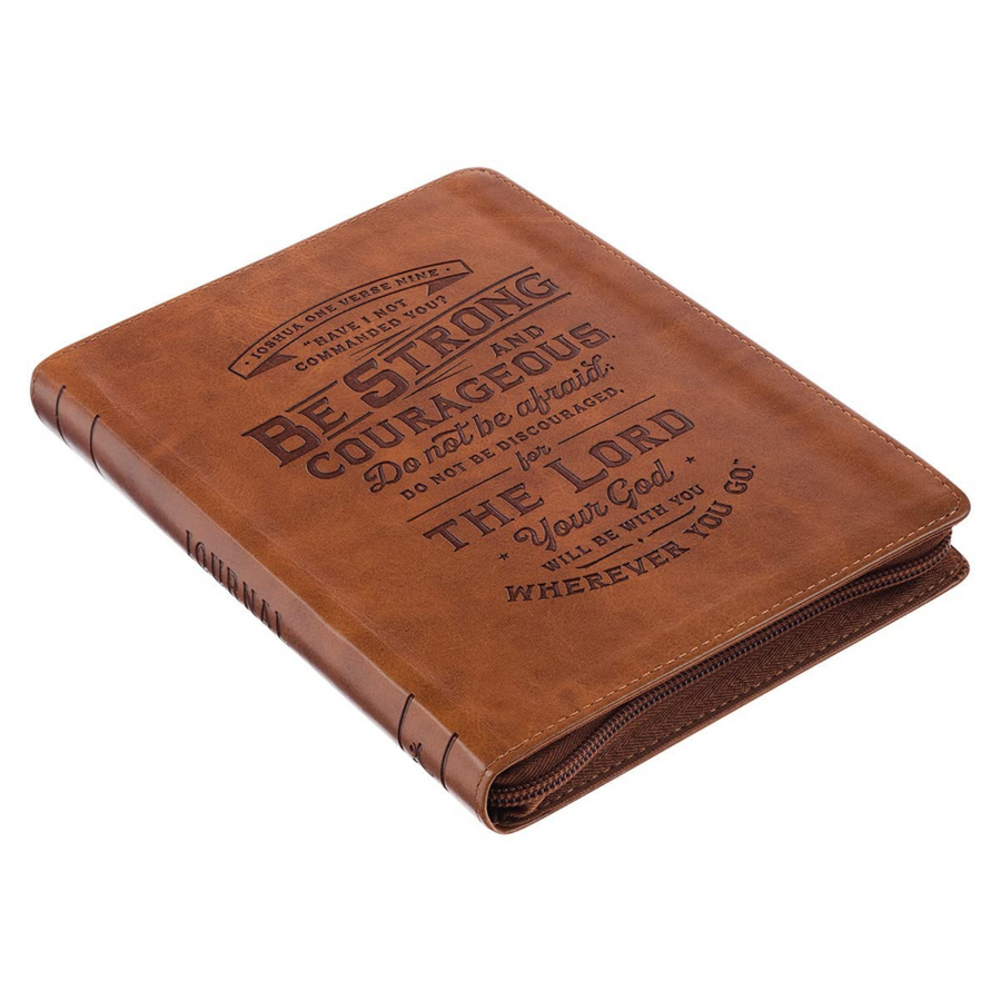 Personalized Journal Custom Text Your Name Be Strong Brown Faux Leather Classic Journal with Zippered Closure - Joshua 1:9