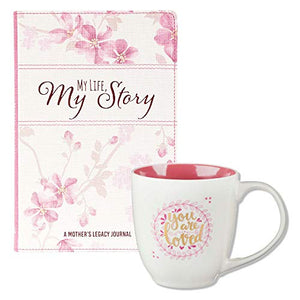 Mother’s Day Gift Set | 1 John 4:19 Scripture Mug and My Life My Story Prompted Mothers Legacy Journal