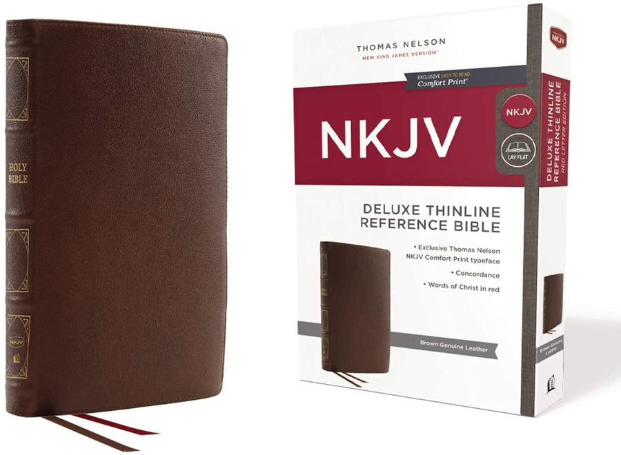 Personalized NKJV Deluxe Thinline Reference Bible Red Letter Comfort Print Genuine Leather Brown
