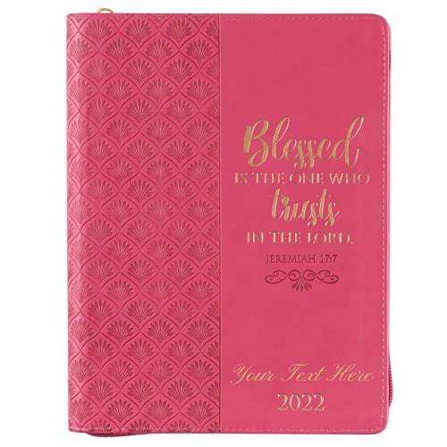 Personalized 2022 Blessed Is The One Who Trusts Large Zippered Pink Faux Leather 18-month Planner for Women - Jeremiah 17:7