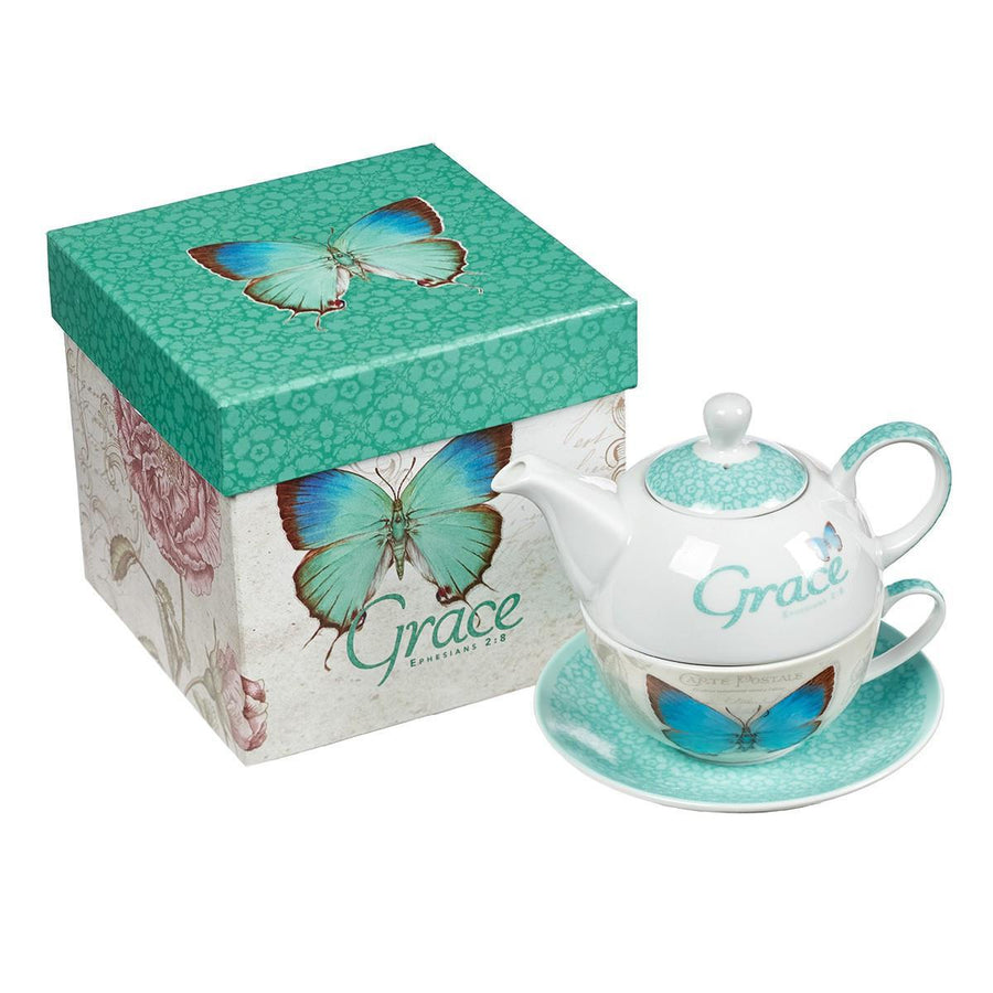 Grace Blue Butterfly Blessings Ephesians 2:8 Tea Set for One