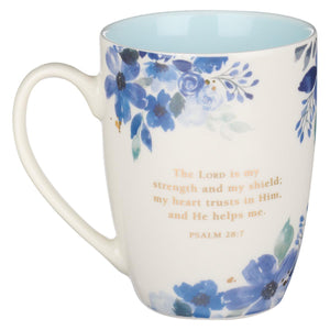 The Lord is My Strength Psalm 28:7 Blue Floral Ceramic Coffee Mug