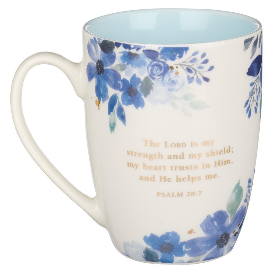 The Lord is My Strength Psalm 28:7 Blue Floral Ceramic Coffee Mug