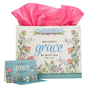 God's Grace Hebrews 13:25 Blue Floral Landscape Gift Bag & Card Set