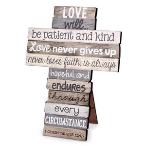 Love 5.75" Stacked Wood 1 Corinthians 13:4-7 Tabletop Cross