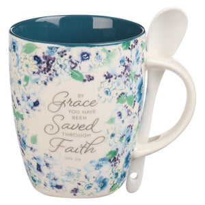 Saved by Grace Ephesians 2:8 Blue Floral Ceramic Coffee Mug with Spoon
