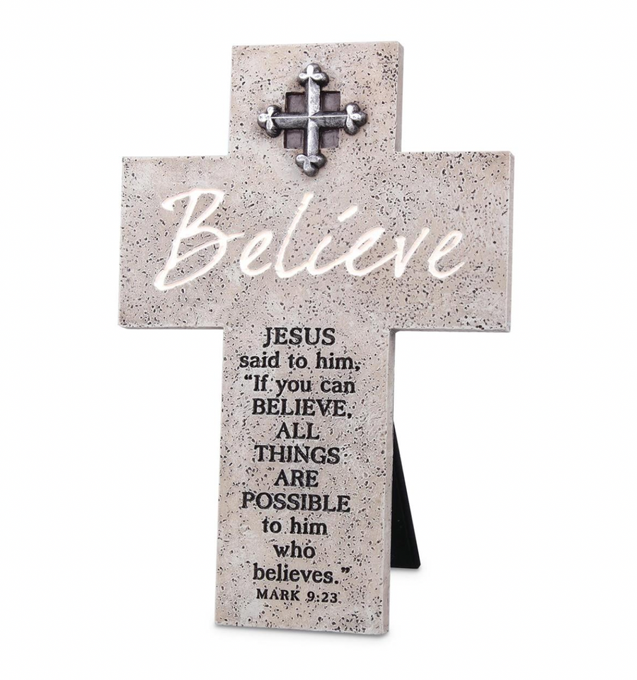 Believe Cross Emblem Mark 9:23 Tabletop Cross