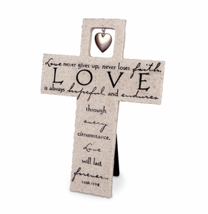 Love 1 Corinthians 13:7-8 Heart Emblem 9.5"H Tabletop Cross