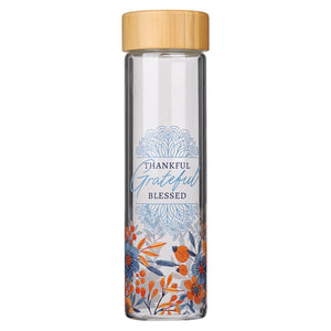 Thankful Grateful Blessed Glass Water Bottle with Bamboo Lid & Sleeve