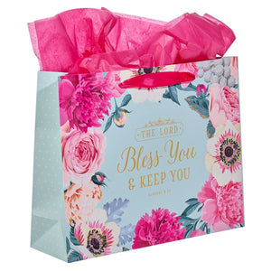 Bless You & Keep You Numbers 6:24 Pink Floral Landscape Gift Bag with Card