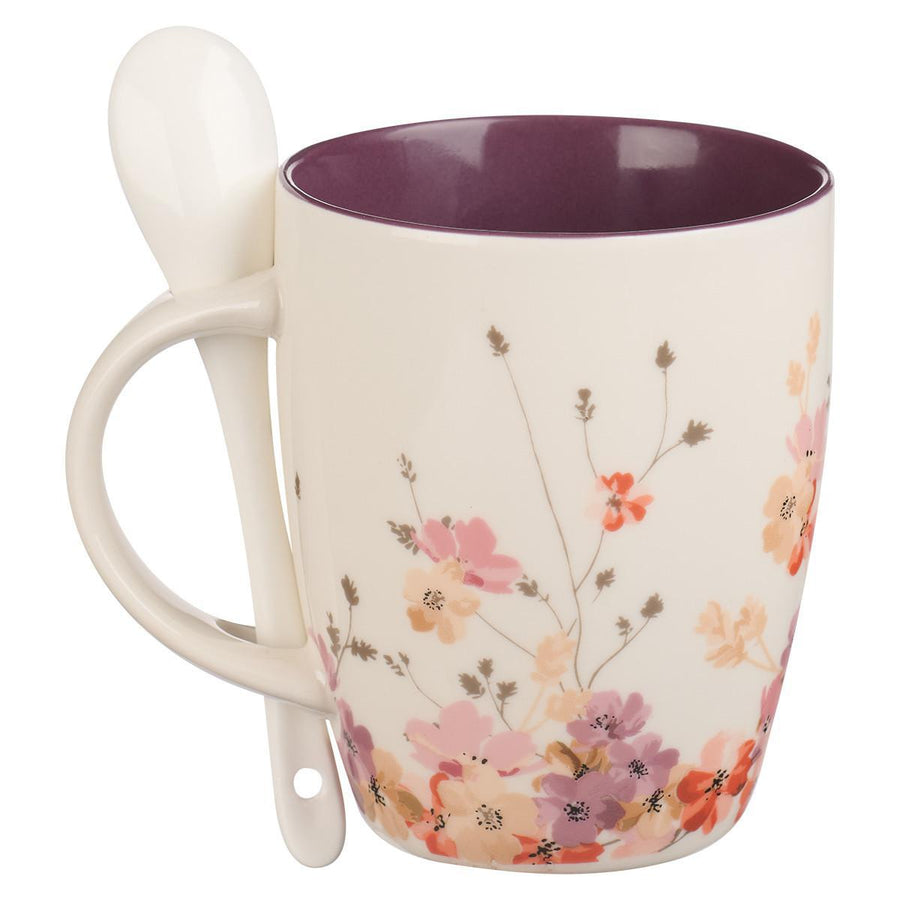 Be Still & Know Psalm 46:10 Purple Floral Ceramic Coffee Mug with Spoon