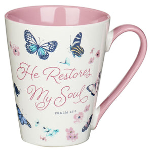 He Restores My Soul Psalm 23:3 Butterfly Ceramic Coffee Mug
