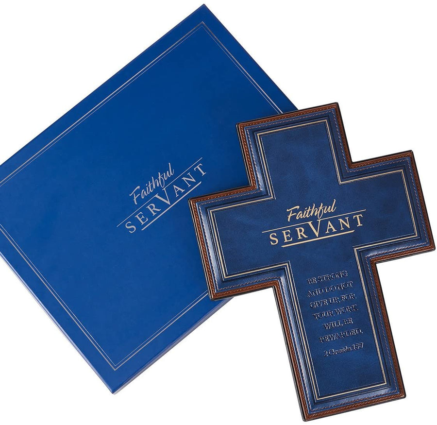 Personalized Decorative Wall Cross Faithful Servant Blue LuxLeather