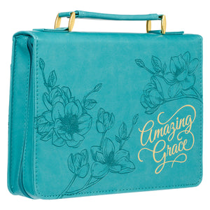 Amazing Grace Floral Teal Faux Leather Personalized Bible Cover For Women