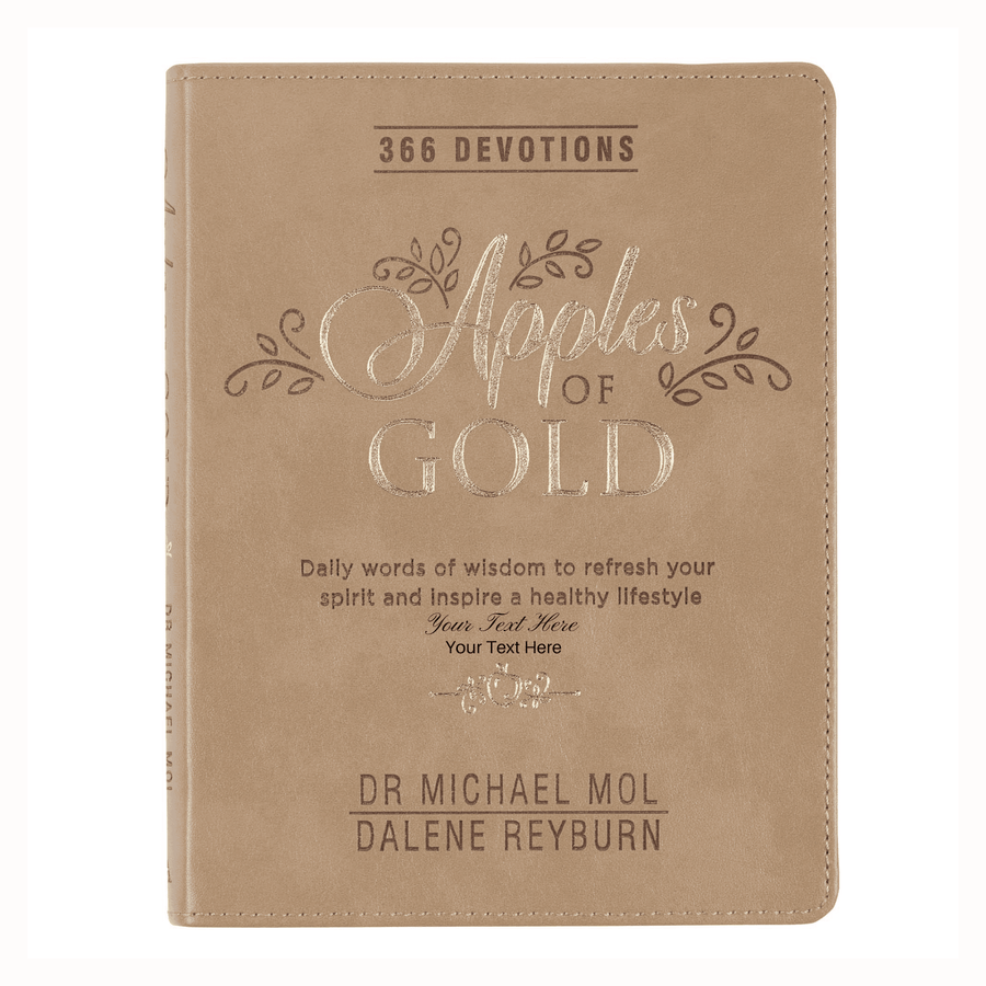 Personalized Custom Text Your Name Apples of Gold 366 Daily Devotions for Women to Refresh Your Spirit Taupe Faux Leather