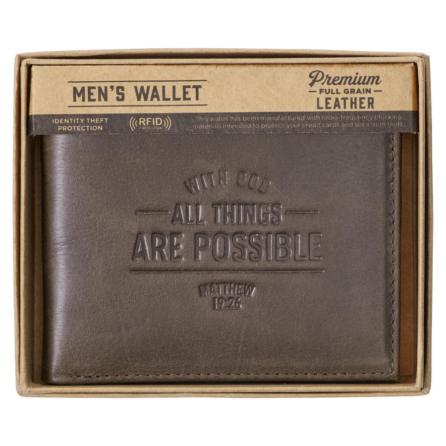 With God All Things Are Possible Matthew 19:26 Brown Genuine Leather Wallet