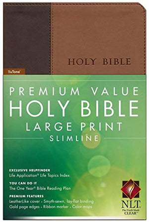 Personalized NLT Premium Value Large Print Slimline Bible Leathersoft Look Brown Tan TuTone New Living Translation