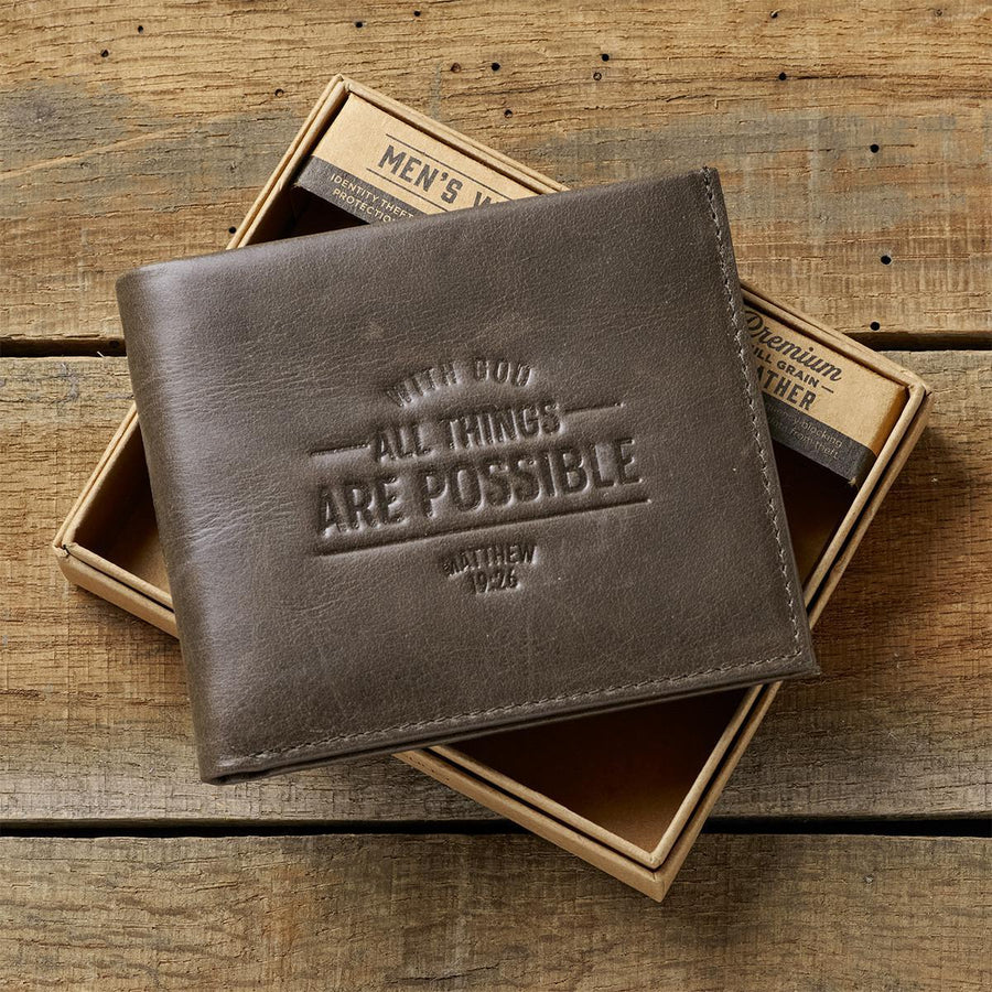 With God All Things Are Possible Matthew 19:26 Brown Genuine Leather Wallet